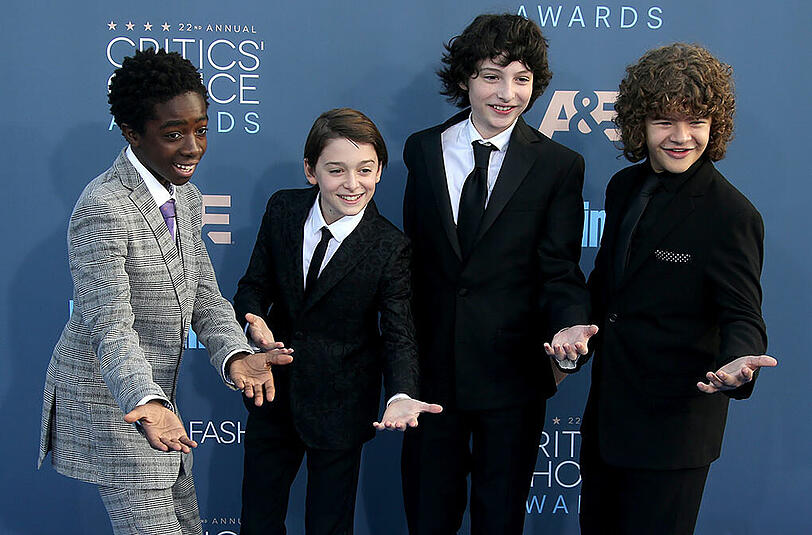 Caleb McLaughlin, Noah Schnapp, Finn Wolfhard und US actor Gaten Matarazzo (von links nach rechts) aus der Netflix-Serie "Stranger Things"