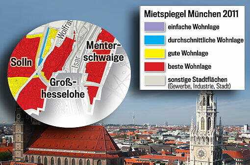 Die Lage macht&rsquo;s: Je nach farblicher Markierung fällt auch die Grundmiete unterschiedlich hoch aus. Der Mietspiegel gilt ab 20. März 2013. Wohnen Sie in bester Lage? Einfach weiterklicken!