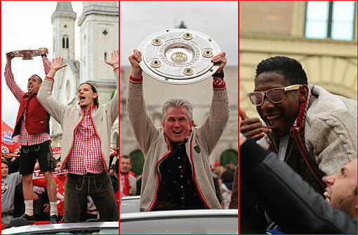 Der FC Bayern feiert die 23. Deutsche Meisterschaft. Mit einem Autokorso fuhren Spieler, Trainer und Funktionäre vom Stadtrand zur Fan-Party auf den Marienplatz. Die besten Bilder vom Korso.