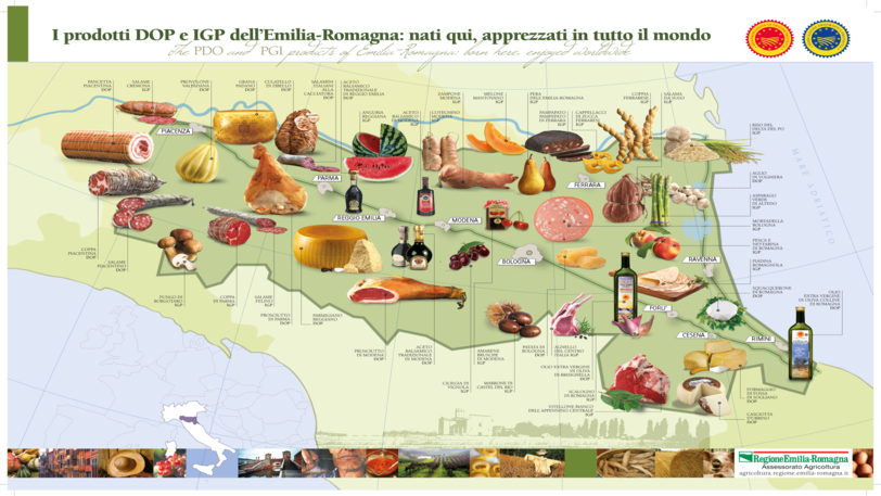 Überblick über die vielen kulinarischen Highlights der Emilia-Romagna sowie die Orte und Städte aus denen sie stammen.