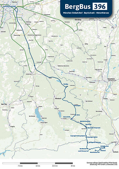 Die Linie "396 Bergbus" fährt in Richtung Bayrischzell, Leitzachtal/Ursprungpass (Landkreis Miesbach) und weiter nach Thiersee in Tirol.