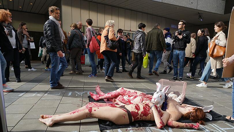 PETA-Protestaktion am Marienplatz: Kaninchenschreie tönen aus Lautsprechern, Aktivisten verdeutlichen das Leid der Tiere. PETA-Protestaktion am Marienplatz: Kaninchenschreie tönen aus Lautsprechern, Aktivisten verdeutlichen das Leid der Tiere.