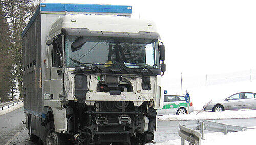 Der Fahrer dieses beladenen Viehtransporters hatte die Vorfahrt des Linienbusses missachtet. Der Fahrer dieses beladenen Viehtransporters hatte die Vorfahrt des Linienbusses missachtet.