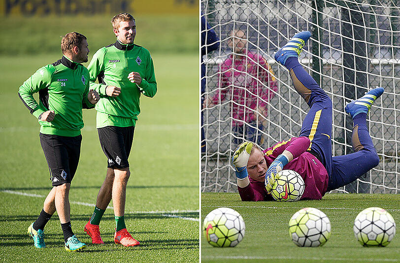 Die Gladbacher Tony Jantschke und Christoph Kramer (links) sowie der frühere Borussia-Keeper Marc-André ter Stegen (FC Barcelona) im jeweiligen Abschlusstraining ihrer Klubs.