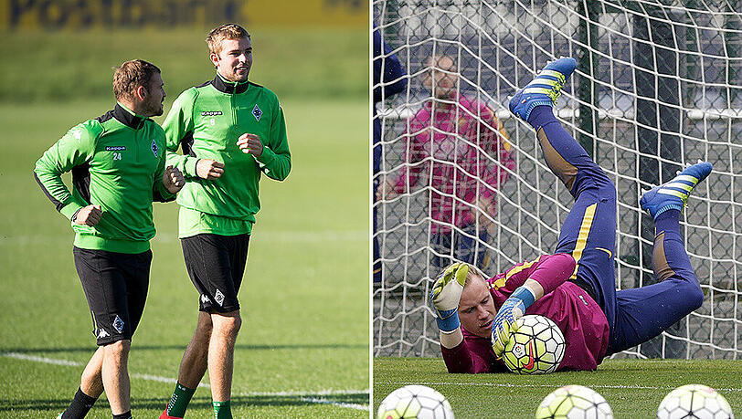 Die Gladbacher Tony Jantschke und Christoph Kramer (links) sowie der frühere Borussia-Keeper Marc-André ter Stegen (FC Barcelona) im jeweiligen Abschlusstraining ihrer Klubs.