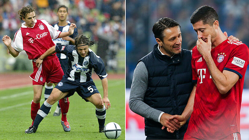 Zweimal Niko Kovac: Am 14. August 2004 als Profi von Hertha BSC beim 1:1 im Münchner Olympiastadion im Duell mit Bayerns Mittelfeldspieler Owen Hargreaves (links) - und am 22. September 2018 als Bayern-Trainer beim Spiel auf Schalke (2:0) mit Stürmer Robert Lewandowski.