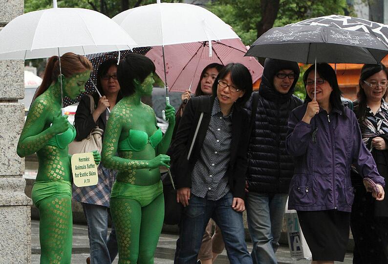 Da schauen die Passanten skeptisch: In Taiwan haben Tieraktivisten gegen den GEbrauch von Fellen für Mode demonstriert...