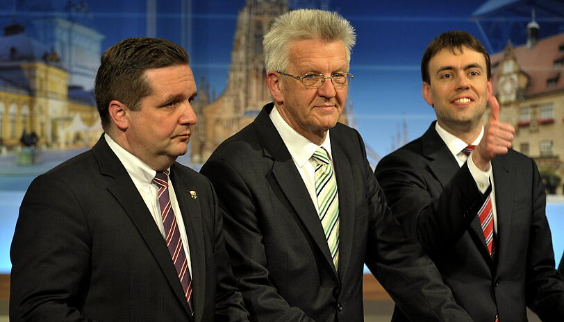 Ministerpäsident Stefan Mappus, sein designierter Nachfolger Winfried Kretschmann und der SPD-Spitzenkandidat Nils Schmid