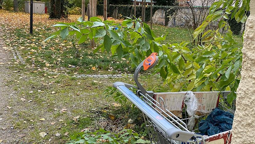 Unweit der TUM-Mensa hat jemand einen Einkaufswagen mit Habseligkeiten geparkt. Unweit der TUM-Mensa hat jemand einen Einkaufswagen mit Habseligkeiten geparkt.