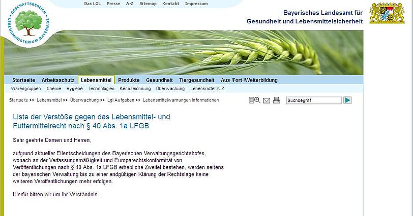 "Keine weiteren Veröffentlichungen": Die Homepage des Landesamts für Gesundheit und Lebensmittelsicherheit nach dem Urteil am 25. März.