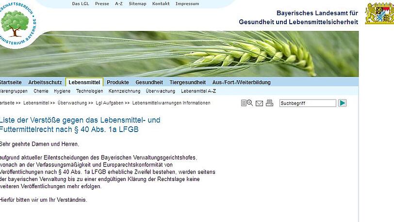 "Keine weiteren Veröffentlichungen": Die Homepage des Landesamts für Gesundheit und Lebensmittelsicherheit nach dem Urteil am 25. März. "Keine weiteren Veröffentlichungen": Die Homepage des Landesamts für Gesundheit und Lebensmittelsicherheit nach dem Urteil am 25. März.