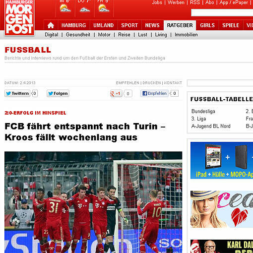 Die Bayern können entspannt zum Rückspiel nach Turin fahren, schreibt "Hamburger Morgenpost".