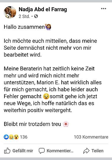 Die verwirrenden Zeilen auf Naddels Facebookseite. Mittlerweile ist ihre gesamte Seite nicht mehr auffindbar.