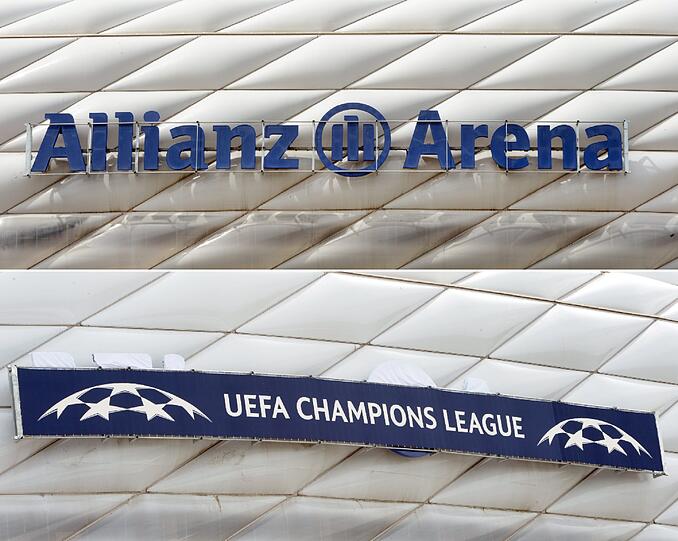 Vorher - nachher: Der eigentliche Namen (oben) der Allianz Arena und mit der vorübergehende Schriftzug der "Uefa Champions League". Bild vom 10.05.2012