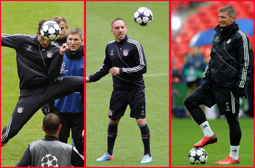 Jetzt wird?s langsam ernst: Die letzte Trainingseinheit vor dem großen Showdown im " German Endspiel". Die Bilder vom Bayern-Training im Wembley-Stadion!
