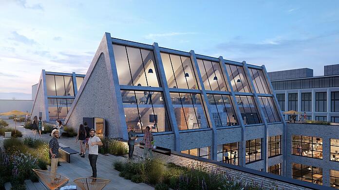 Sägezahnartige Dächer und eine große Dachterrasse soll das Bürogebäude nördlich des Hauptbahnhofs haben. Die Fertigstellung ist für 2023 geplant.