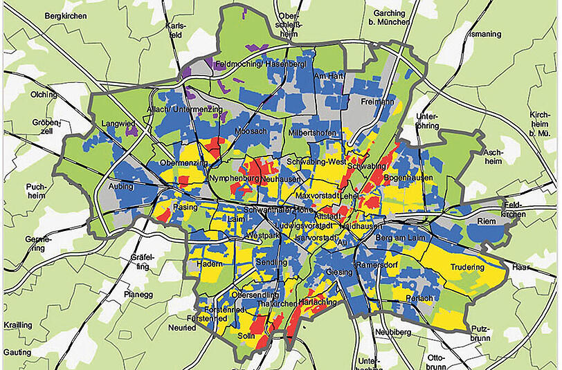 Münchens Wohnlagen im Überblick: Einfache (lila), durchschnittliche (blau), gute (gelb) und beste Lagen (rot).