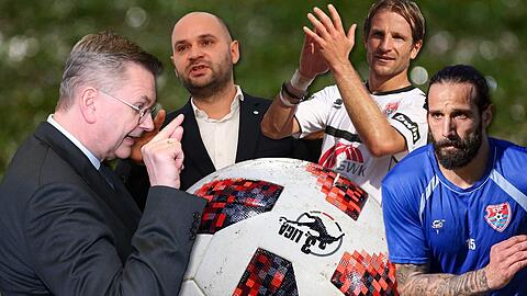 Protagonisten der Dritten Liga: DFB-Präsident Reinhard Grindel (li.), Löwen-Geschäftsführer Michael Scharold und die Uerdinger Königtransfers Stefan Aigner sowie Adriano Grimaldi (v.li.).