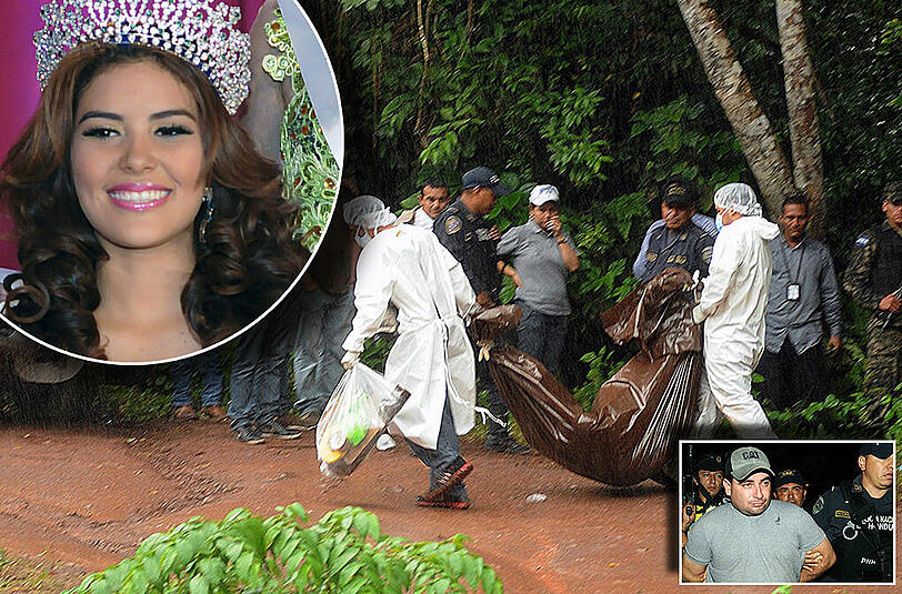 Hier wird der Leichensack von Miss Honduras María José Alvarado abtransportiert. Im kleinen Bild: Antonio Ruiz Rodriguez, der Mörder.