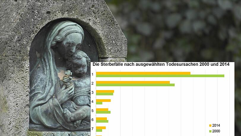 Die häufigsten Todesursachen: 1) Herz-Kreislauf, 2) Bösartige Tumore, 3) Lungenkrankheiten, 4) Psychische Krankheiten, 5)Magen/Leber/Darm, 6) Verletzungen, 7) Nerven (Parkinson, Alzheimer), 8)Infektionen (HIV)