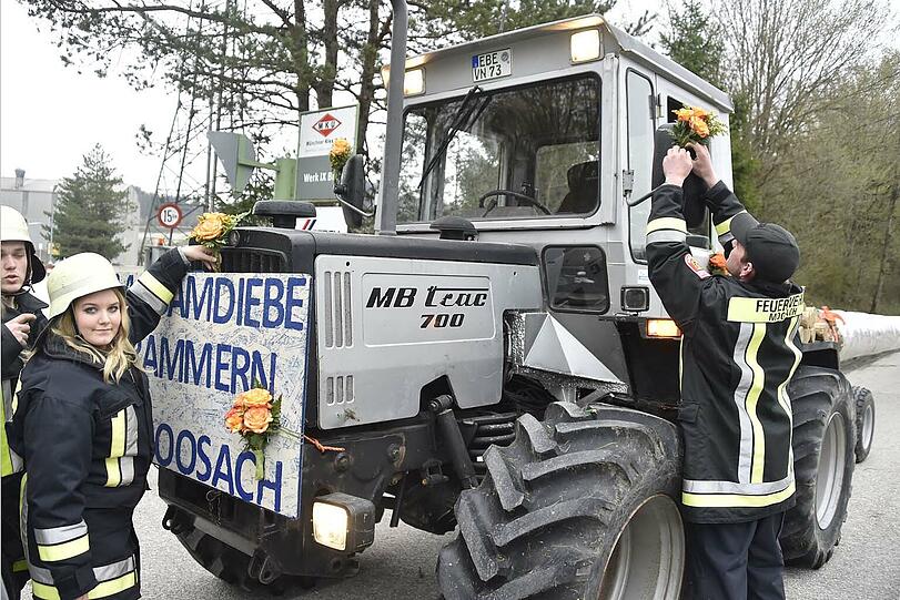 Die Triumph-Parade: Ein Bulldog samt Maibaum, zwei Feuerwehrfahrzeuge und über 30 Beteiligte marschieren am Freitag Abend in Buch ein.