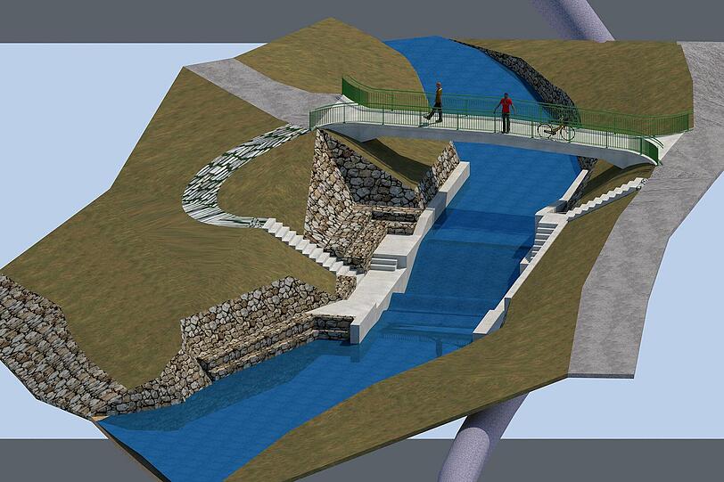 Eine Fu&szlig;g&auml;ngerbr&uuml;cke &uuml;ber dem Kanal soll erm&ouml;glichen, dass Interessierte wie bei der Eisbachwelle in der ersten Reihe zuschauen k&ouml;nnen.