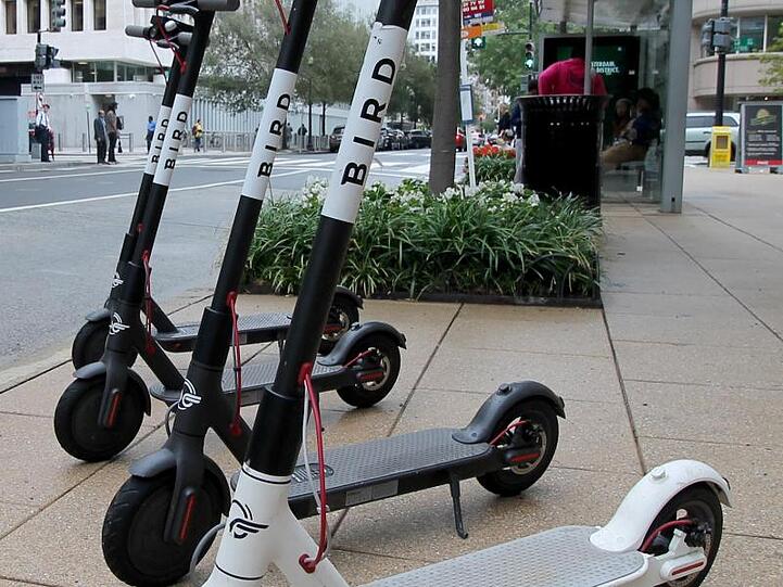 Tretroller mit Elektroantrieb des Anbieters Bird. Sie werden per App freigeschaltet und können überall abgestellt werden.