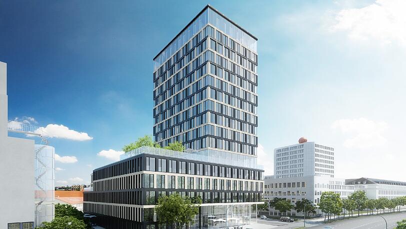 Das Highrise One ist ein 53 Meter hoher Turm mit 14 Etagen, der durch einen fünfgeschossigen Sockelbau gesteckt wirken wird. Das Highrise One ist ein 53 Meter hoher Turm mit 14 Etagen, der durch einen fünfgeschossigen Sockelbau gesteckt wirken wird.