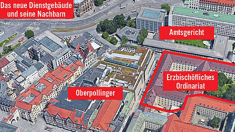 Zentraler geht&rsquo;s kaum: Das Erzbischöfliche Ordinariat belegt künftig einen Großteil der Alten Akademie. Nur die Teile an der Neuhauser Straße gehören nicht dazu, ebenso wenig wie die Kirche St. Michael mit dem anschließenden Kloster der Jesuiten im rechten Eck der Anlage.