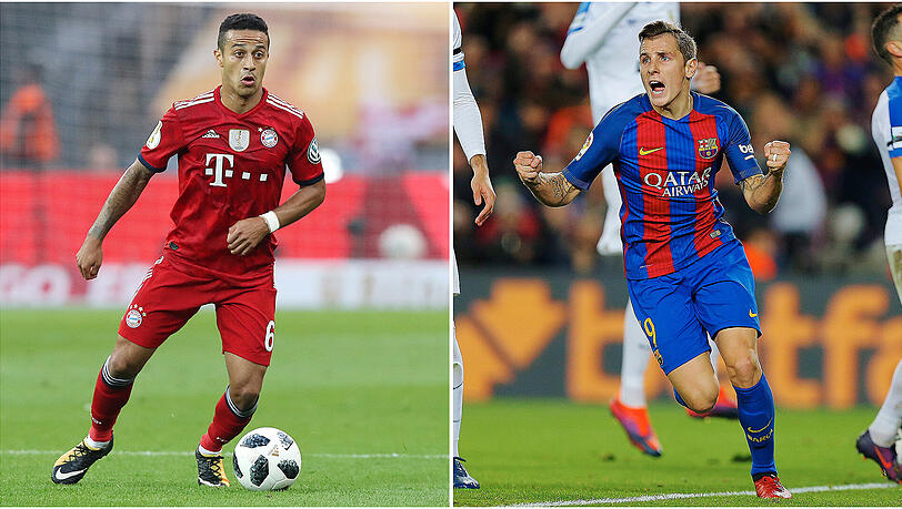Bahnt sich da ein Spielertausch zwischen Bayerns Thiago (l.) und Barcelonas Lucas Digne an? Bahnt sich da ein Spielertausch zwischen Bayerns Thiago (l.) und Barcelonas Lucas Digne an?