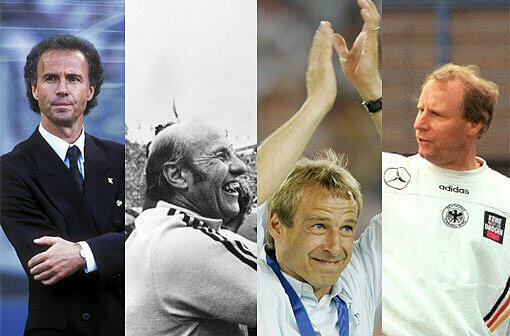 Franz Beckenbauer (l), Helmut Schön, Jürgen Klinsmann und Berti Vogts: Sehen Sie alle bisherigen Bundestrainer in der Klickstrecke!