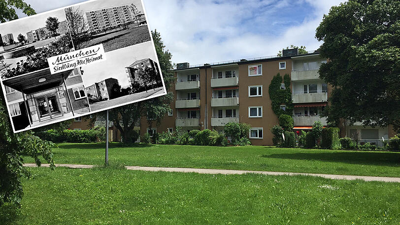 Das Laimer Wohnquartier Alte Heide im Sommer 2016 &ndash; vor der Sanierung. Rechts: Eine alte Postkarte von dort zeigt verschiedene Ansichten des Viertels.