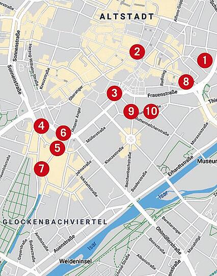 Die Punkte auf der Grafik zeigen einige der wichtigsten München-Stationen von Freddie Mercury. Klicken Sie sich in der Bilderstrecke durch die einzelnen Orte.