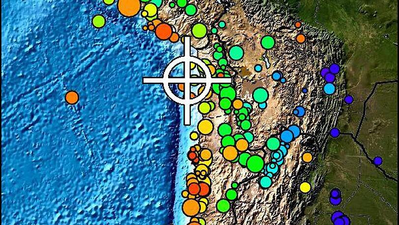 Hier wurde das starke Erdbeben der Stärke 8,2 gemessen. Etwa 90 Kilometer von der Hafenstadt Iquique entfernt im Meer. Hier wurde das starke Erdbeben der Stärke 8,2 gemessen. Etwa 90 Kilometer von der Hafenstadt Iquique entfernt im Meer.