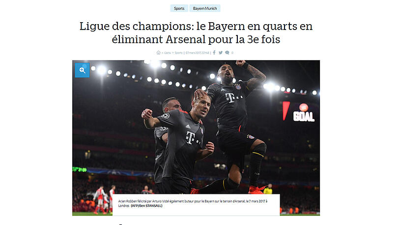 Le Parisien titelt: "Champions League: Die Bayern beseitigen Arsenal zum 3. Mal im Viertelfinale"