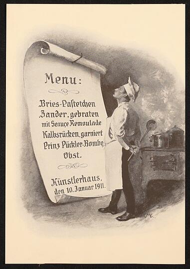 KÜNSTLERHAUS: Zu welchem Anlass es am 10. Januar 1911 Bries-Pastetchen, Zander und die Prinz Pückler Bombe gab, ist nicht bekannt. Die Gastronomie im Künstlerhaus wechselte mehrmals &ndash; Prunkstück der Restauranträume im Erdgeschoss ist das Venezianische Zimmer aus Lenbachs Zeiten.