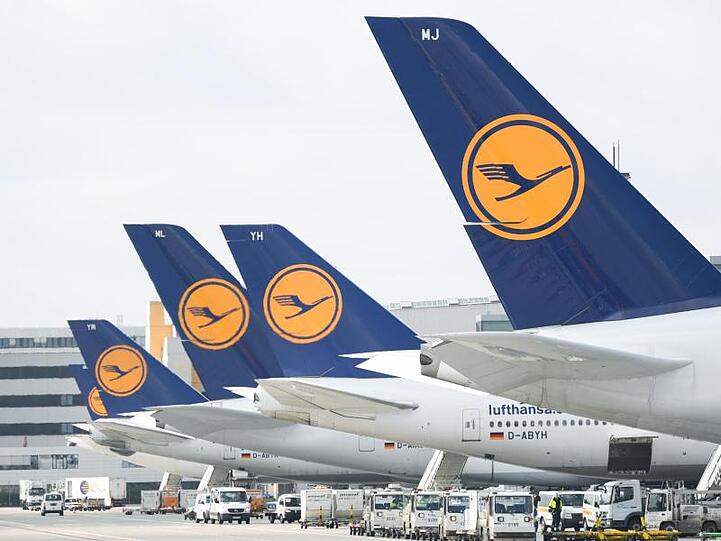Lufthansa-Maschinen mit dem Kranich-Logo stehen am Frankfurter Flughafen.