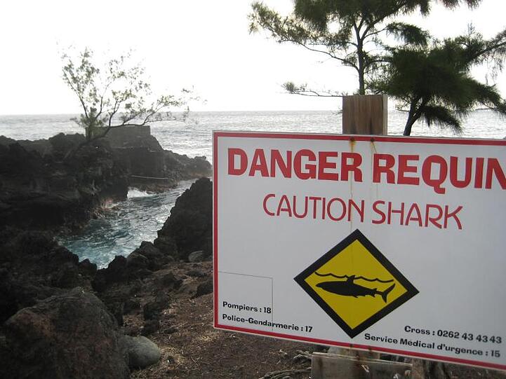 Ein Schild warnt an einem Strand von La Réunion vor Haien.