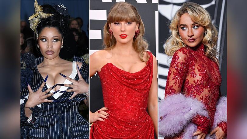 Nicki Minaj (li.) oder Sabrina Carpenter (re.) feiern Taylor Swift für ihr neues Album.