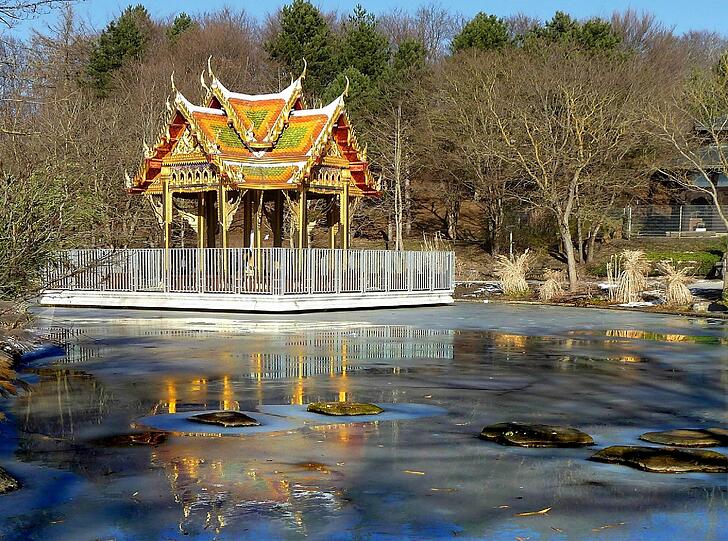 Ein wenig asiatische Kultur findet man auch in München, im Westpark steht dieser  beeindruckende Tempel und spiegelt sich wirkungsvoll im schmelzenden Eis