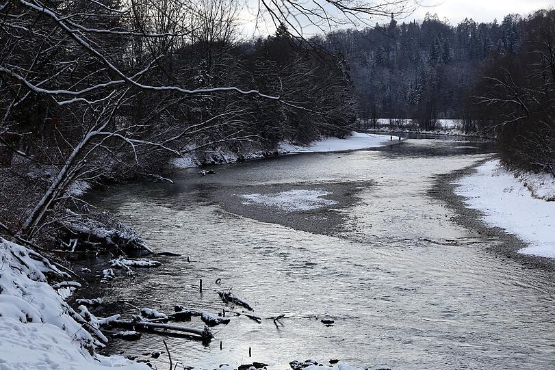 Die Isar mit wenig Wasser, die Kiesinseln mit weißen Häubchen.
