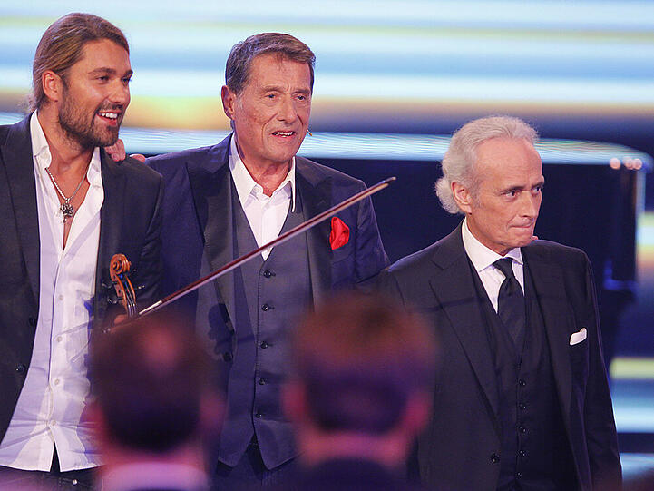 José Carreras (r.) bei seiner letztjährigen Gala mit dem mittlerweile verstorbenen Udo Jürgens und David Garrett (l.)