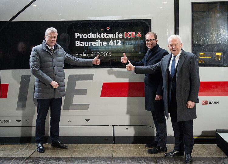 Jochen Eickholt (Siemens) und Verkehrsminister Alexander Dobrindt präsentieren gemeinsam mit Bahn-Chef Rüdiger Grube den neuen ICE 4.