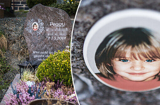 Fall Peggy: Findet die Polizei die Leiche des Kindes auf einem Friedhof in Lichtenberg? Auf dem Foto: Ein Gedenkstein mit dem Porträt des Mädchens Peggy auf dem Friedhof in Nordhalben (Bayern), aufgenommen am 25.04.2013