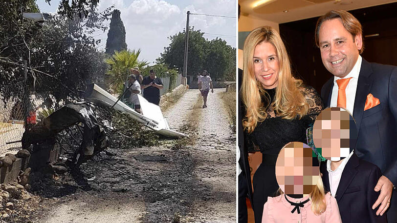 Links: der Absturzort- Wrackteile liegen neben einer Finca. Rechts: August Inselkammer und seine Frau Christina mit den gemeinsamen Kindern bei einer Gala im Hotel Vier Jahreszeiten Kempinski vor knapp zwei Jahren.