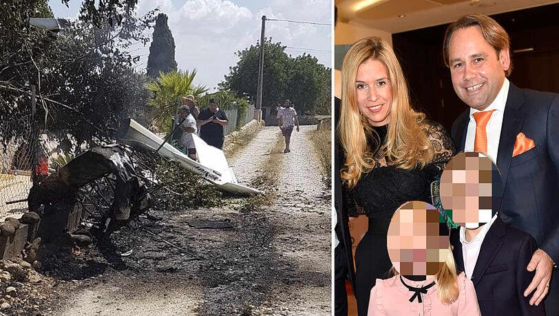 Links: der Absturzort- Wrackteile liegen neben einer Finca. Rechts: August Inselkammer und seine Frau Christina mit den gemeinsamen Kindern bei einer Gala im Hotel Vier Jahreszeiten Kempinski vor knapp zwei Jahren.