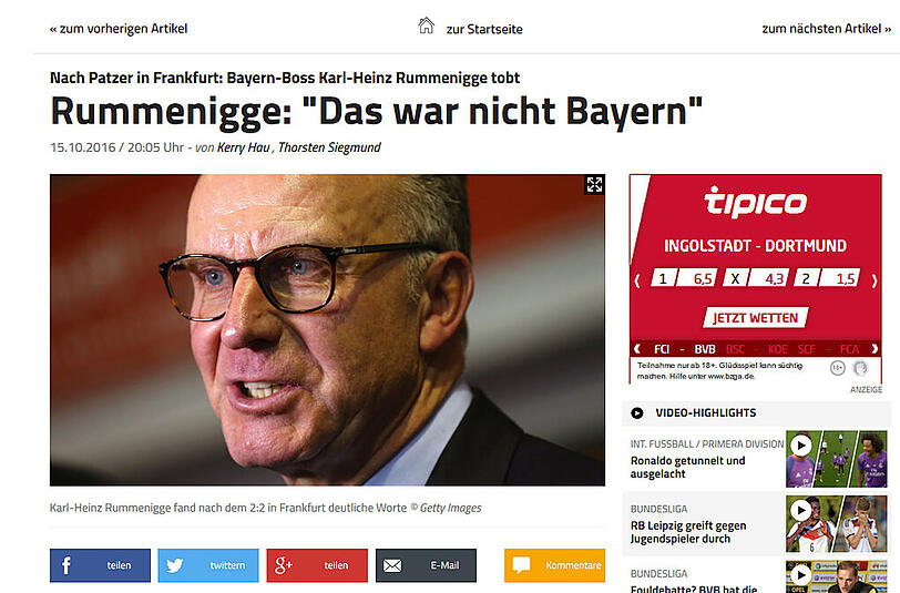 Die Kollegen von "sport1.de" thematisieren die Reaktion von Karl-Heinz Rummenigge auf das 2:2.