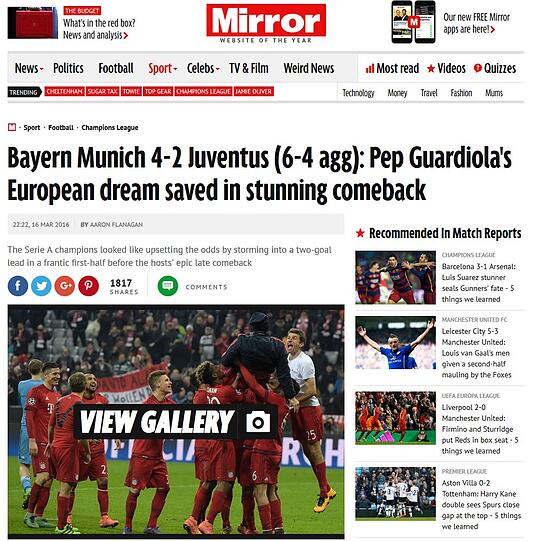 Der britische Daily Mirror: "Pep Guardiolas europäisches Dreamteam durch atemberaubenden Comeback gerettet."