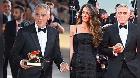 George Clooney posierte mit seinem Goldenen L&ouml;wen und mit Ehefrau Amal f&uuml;r die Fotografen in Venedig.