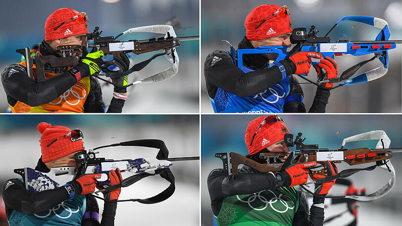 Die deutschen Biathleten: Arnd Peiffer (gelbes Trikot), Simon Schempp (blau), Erik Lesser (weiß) und Benedeikt Doll (grün).